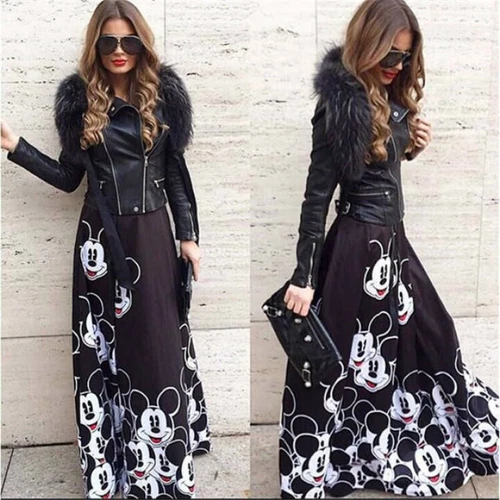 Long Skirt Floor Length Ladies Elastic High Waist Women Mickey Mouse Pattern - Afbeelding 2 van 8