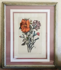 N. Roberts 1880’s Hand Painted Color Floral Engraving of A Carnation & Hollyhock