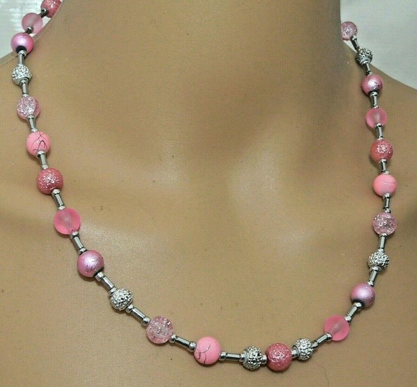 Halskette Perlenkette Glasperlen Pastell Rosa Altrosa Pink Silber Straß 245F-image