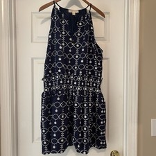 Michael Kors Halter Dress Size XL Blue Embroidered Sleeveless VNeck Pullover Tie