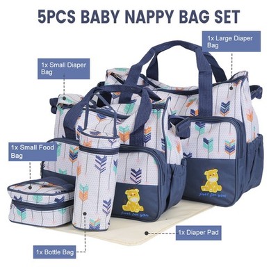 5Pcs Baby Nappy Diaper Bags Set Mummy Diaper Handbags With Diaper Pad Food Bag