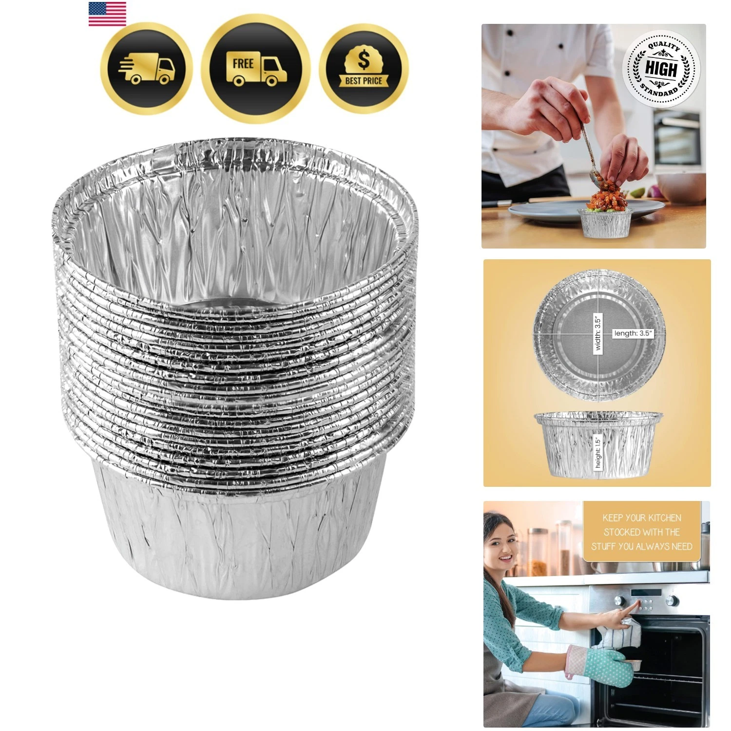 3.5'' Inch Round Ramekins Muffin Cups Tin Foil Cupcake Pans Disposable Alumin...