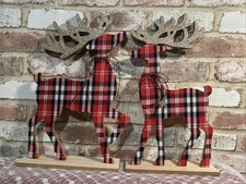 Lot Of Two Red Plaid Wooden Free Standing Reindeer Christmas Decorations