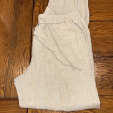 Women s Talbots 100 Linen Elastic Waist Tie Wide Leg Pants Pockets LP Beige