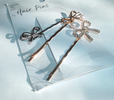 3 GOLD AND SILVER WHITE PEARL AND RHINESTONE BOW 2.5" BOBBY PINS NEW WITH TAG