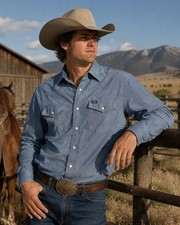 Wrangler Western Snap Shirt Men s Large Chambray Blue Pearl Long Sleeve Cowboy