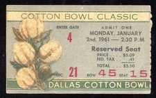 1961 Cotton Bowl Ticket Stub  Duke vs. Arkansas