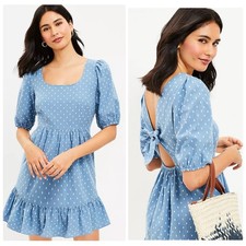 Loft Poolside Blue Swiss Dot Clip Tie Back Flounce Swing Dress Size 0 NWT