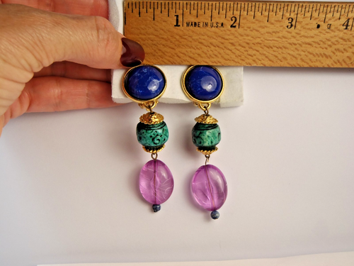 Pendientes colgantes vintage azul verde púrpura clip años 80 3" de largo - Imagen 9 de 15