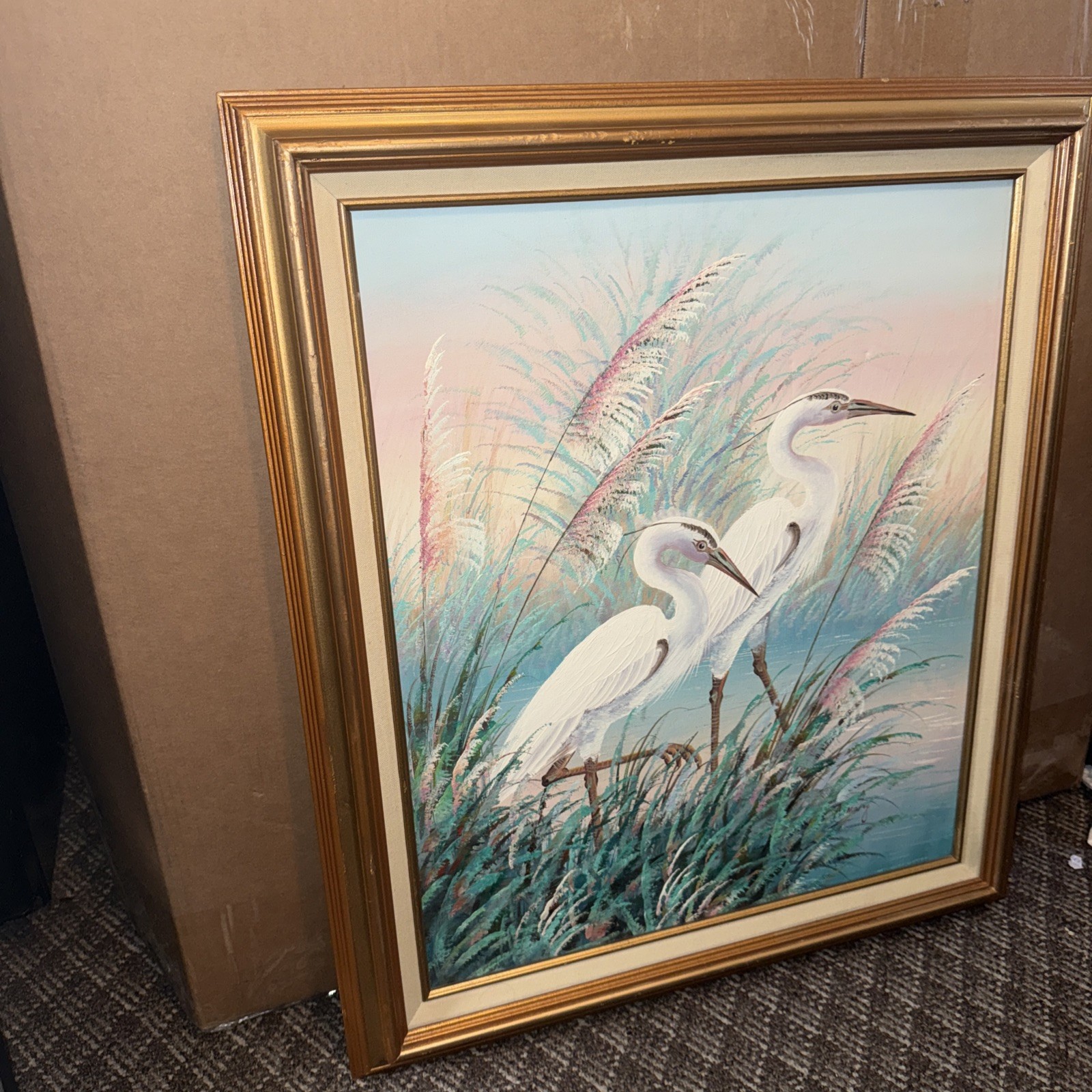 VTG Signed A.Maley Original Oil Canvas Painting White Egrets/Marsh 20x24 Framed 
