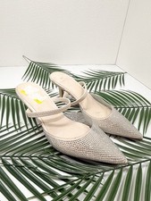 Halston Women's Gray Leather Yasmine Embellished Evening Pointed Toe Mules Sz 7