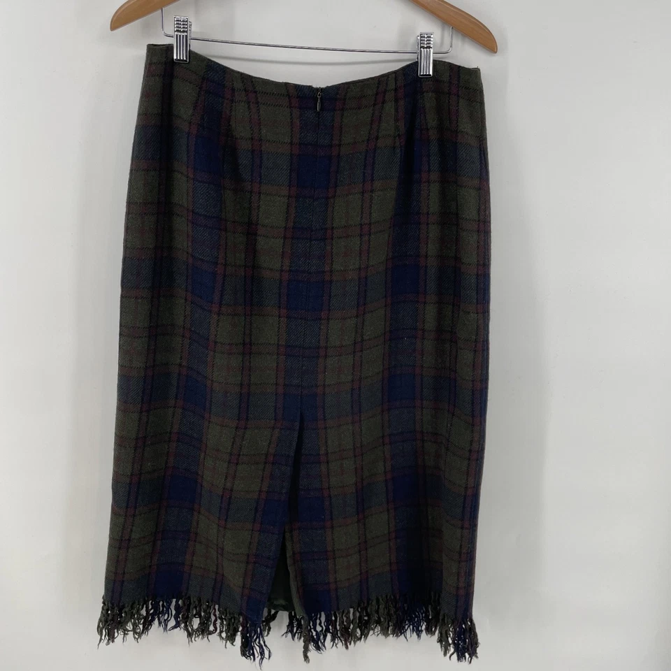 Vintage Midi Blanket Fringe Skirt 16P Wool Blend Green Red Blue Plaid Money - Image 4 of 4
