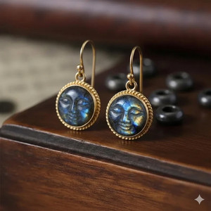 Authentic Handmade Labradorite Face Drop Earrings in Gold Plated Setting Celestial Goddess