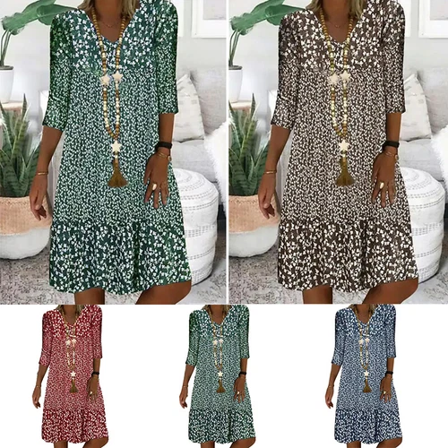 Women Summer Boho Sundress Half Sleeve V Neck Floral Midi Dress Holiday Beach - Bild 4 von 16
