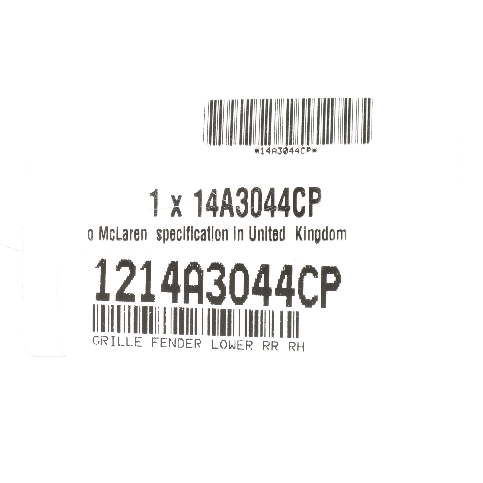 Genuine McLaren Grille Fender Lower RR RH 1214A3044CP