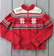 Lands  End Cardigan Sweater Girls M 10/12 Tan Red Fair Isle Front Zip Christmas