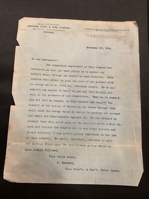 1914 American Steel & Wire Co Chicago Fence Dealer Letter