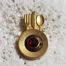 Brooch Lapel Tack Pin Food Service Great People Food Plate Fork Red Rhinestone
