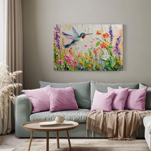 Bonita impresión de pintura sobre lienzo de arte de pared de colibrí y flores silvestres de primavera - Imagen 11 de 11