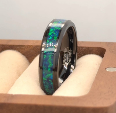 Gift Ring For Her Green Blue Mixed Opal Inlay Band Black Tungsten Elegant Ring