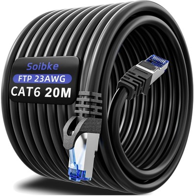 LAN Cable 20 m Cat 6, Network Cable 20 m Black Ethernet Cable Outdoor Shielde...