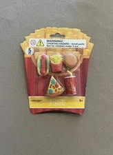 5 Piece 3D Fast Food Erasers~Pizza, Hotdog, Fries, Burger & Soda, New In Package
