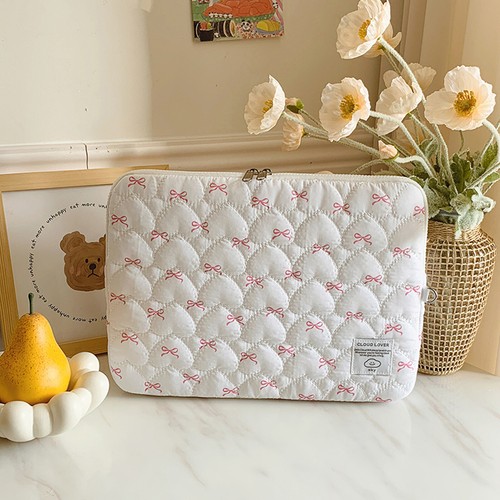 Bowknot Quilted Laptop Sleeve Soft Pad Tablet Bag Computer Storage Bag (White M)