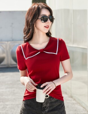 T-Shirt Women Cotton Summer Small Medium Large Size 4-14 Sailor Collar Tops New