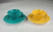 2 Vintage MCM Hazel Atlas Platonite Moderntone Teal - Gold Tea Cup Saucer Set