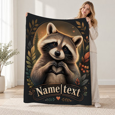Personalized Raccoon Heart Coral Fleece Blanket Woodland Decor