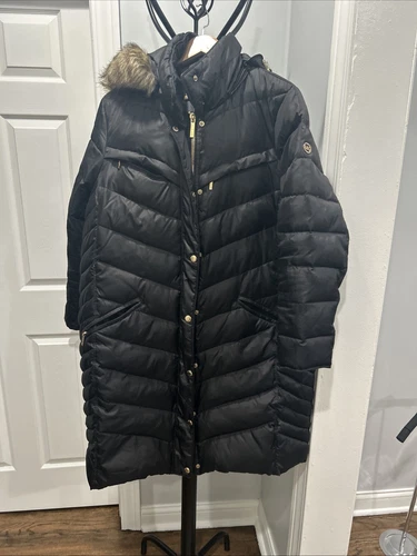 Michael Kors donna 1X cappotto nero invernale lungo puffer jacket cappuccio pelliccia sintetica