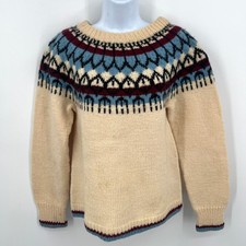 Norse Knit Norway Vintage Heavy Wool Bohus Fair Isle Pullover Cream Blue