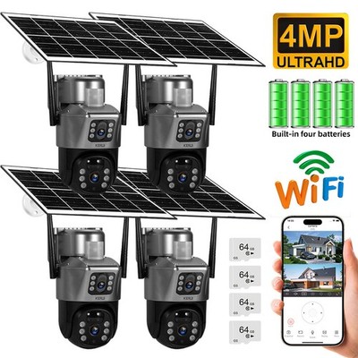 4 PACK WIFI Solar Battery 4MP Wireless PTZ Security Camera Outdoor PIR Detection