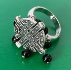 Vintage Signed 925 Thailand Sterling Silver Marcasite Obsidian Dangles Ring 7.25 — photo 2