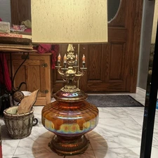 Mid Century Modern Hollywood Regency Iridescent 5 bulb Amber Glass Table Lamp