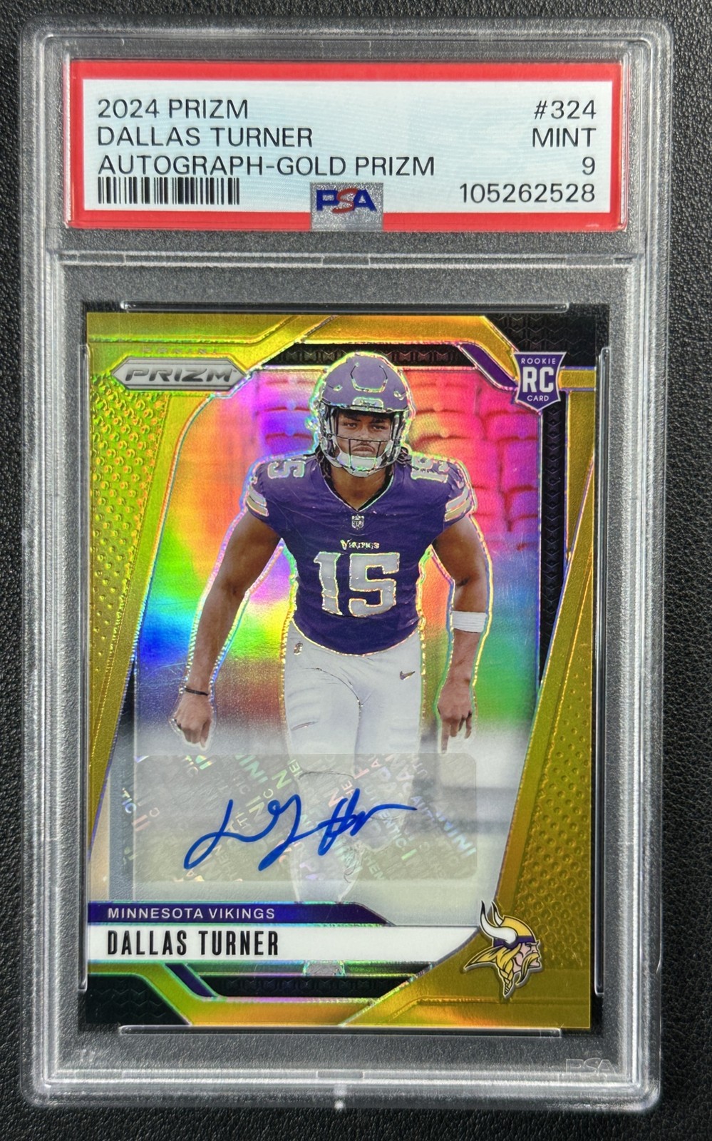 DALLAS TURNER PSA 9 2024 PANINI PRIZM #324 ROOKIE AUTO GOLD RC 06/10 VIKINGS view 1
