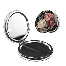 Print Foldable Travel Pocket Mirror Round Vintage Pink and Cream Dark Floral