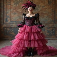 Burgundy Black Steampunk Gothic Dress Long Sleeve Lace Victorian Halloween Gown