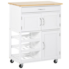 Carrello Cucina Bianco 67x37x87cm Legno Gomma Top 9 Bottiglie Portabottiglie Ruote Serratura Mobile
