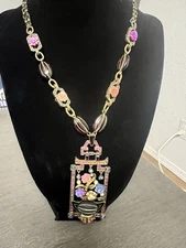 Sweet Romance Art Deco Chinese Rose Vase Rhinestone Necklace 18” Signed