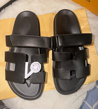 Hermès Men's Black Leather Logo Slide Sandals Slip On Straps US 9