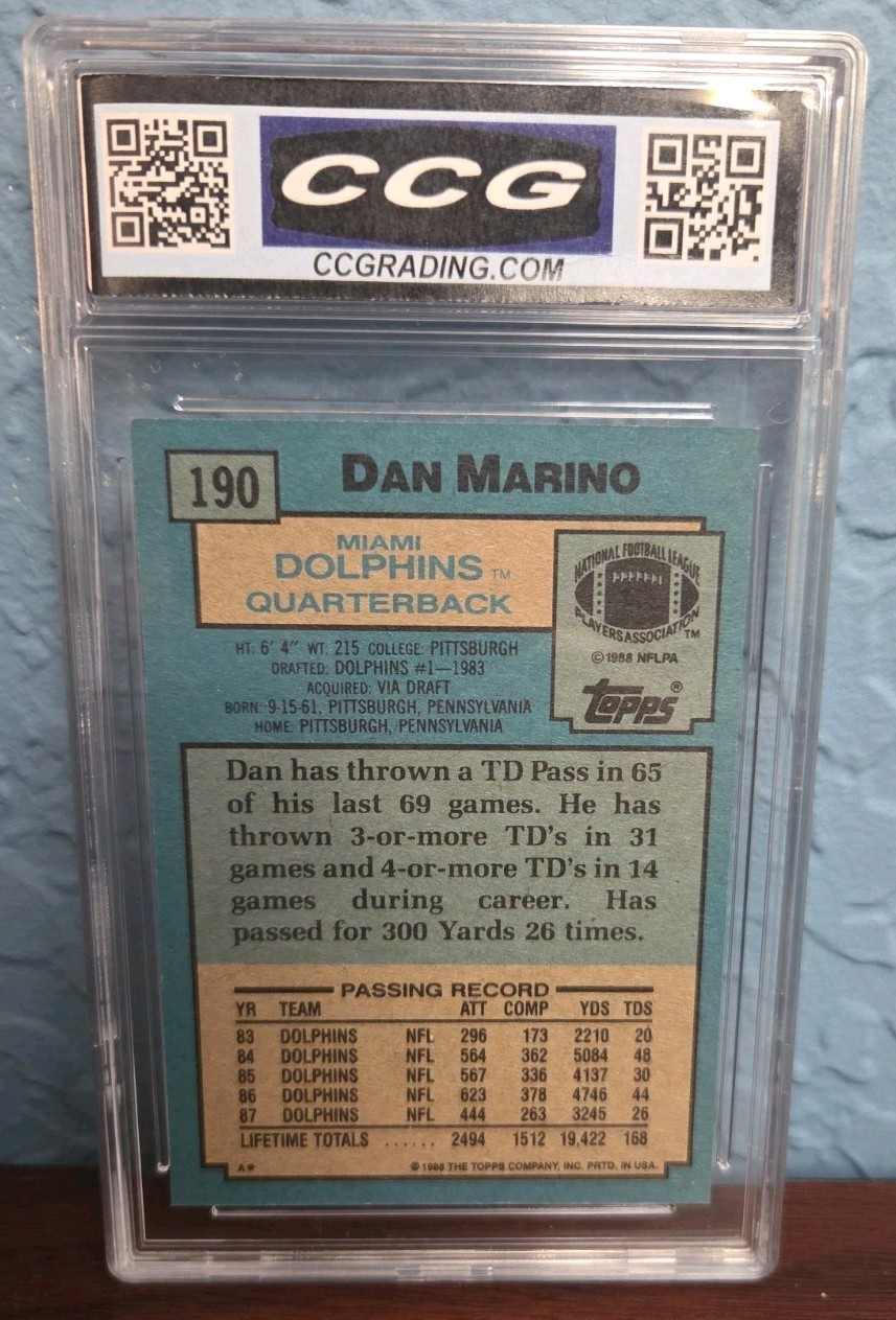 DAN MARINO 1988 TOPPS NUMBER 190 GRADED GEM MINT 10 Miami Dolphins view 2