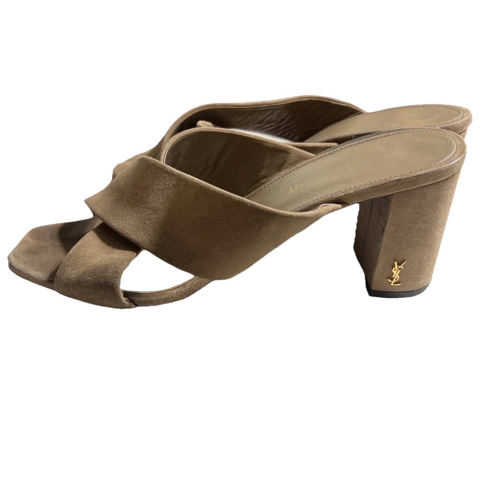 Yves Saint Laurent 39 SANDALI MULO TACCO ALTO LT MARRONE oro YSL LOGHI croce incrociata