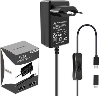 Raspberry Pi 4 Netzteil 5V 4A 20W mit ON/Off Schalter, USB-C für Pi 4/3B+/3B