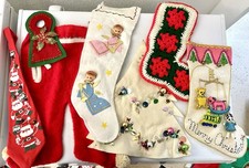 Vintage Christmas 1960s Hand-Embroidered Stockings Lot of 7 Felt Beaded Holiday