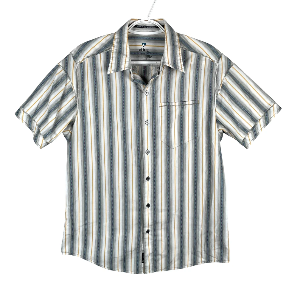 Camisa de exterior Kuhl para hombre con botones pequeña blanca azul a rayas S/S mezcla de algodón Foto 2 de 4
