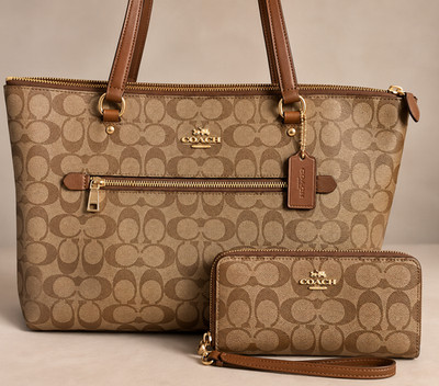 Coach Gallery Tote F79609 Signature Canvas Khaki Saddle + Matching Zip Wallet