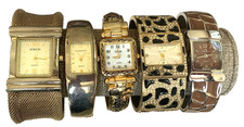 Vtg Ladies Watch Lot-5 Hinged Cuff Metal Bracelets Mix Mesh Leopard Spots Brown