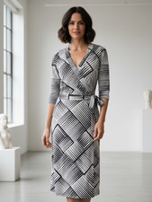 Oasis Womens Black & White Wrap Midi Dress Size 6 Office Work Party Function