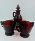 Vintage Anchor Hocking Royal Ruby Red Glass Footed Sugar, Creamer And Cruet Set